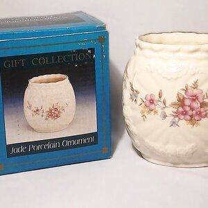 Vintage 1980s Small Cream Colored Porcelain Vase With Pink Roses